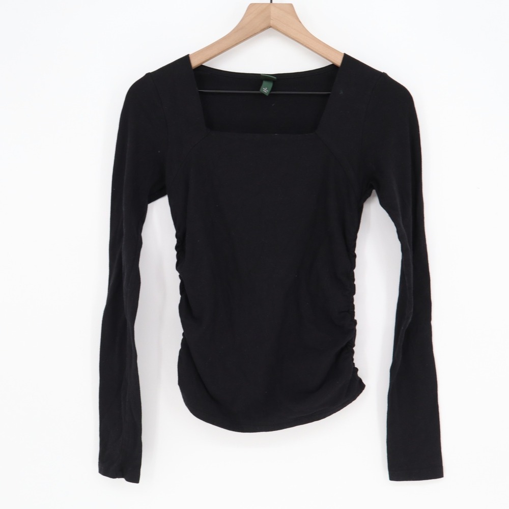 Wild Fable Top Womens S Ruched Side Square Neck Black Long Sleeve Excellent